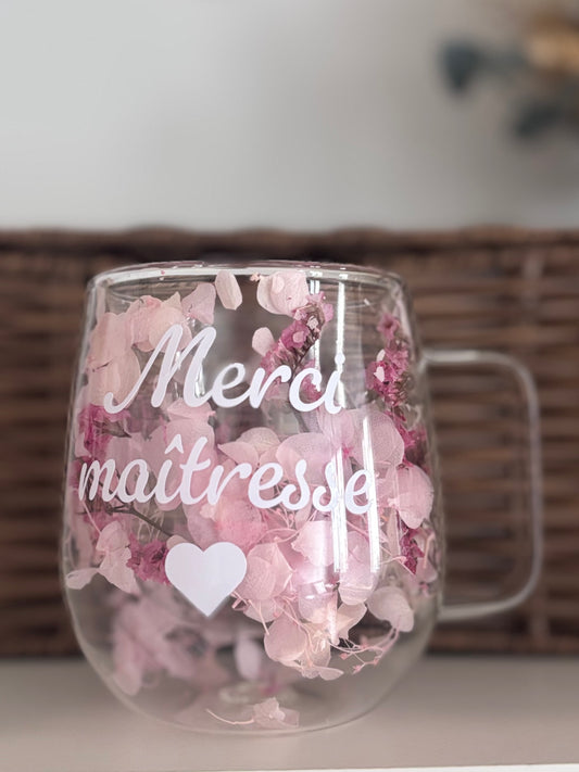 Tasse en verre double paroi garnie de fleurs séchées – Cadeau de fin d’année