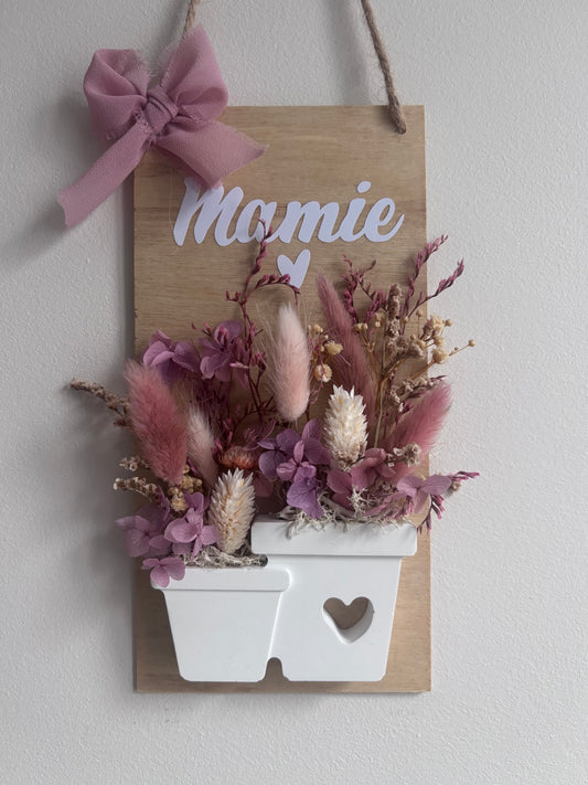 Plaque décorative murale "Mamie" en fleurs séchées
